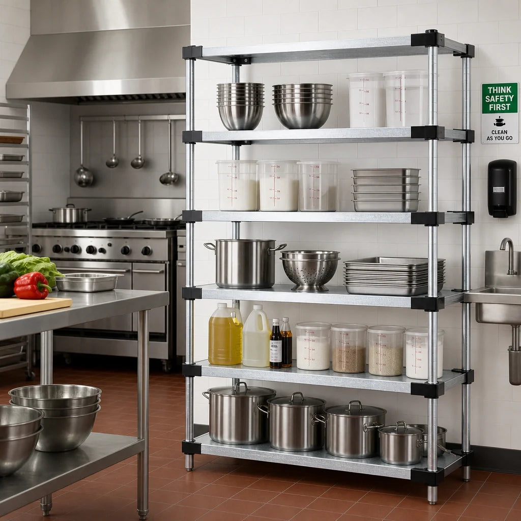 Quantum WR54-1460SG-5 Stationary Solid Shelving Starter Kit, 60"W x 14"D x 54"H, 5 Galvanized Steel Shelves, 4 Chrome Posts