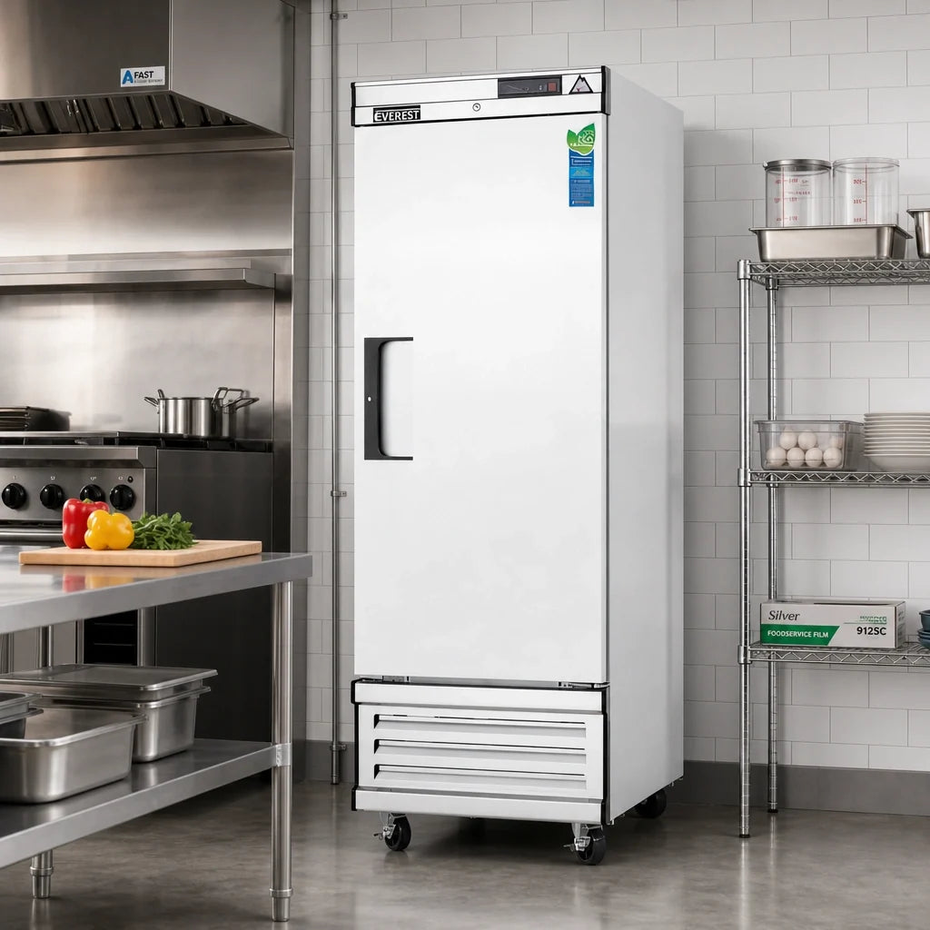 Everest Refrigeration EBF1 One-Section Reach-In Freezer, 21 Cu. Ft., Bottom-Mounted Self-Contained, Solid Hinged Door, Stainless Steel