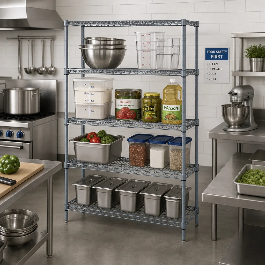 Quantum WR54-1248GY-5 48"W x 12"D x 54"H Gray Epoxy Wire Shelving Starter Kit with 5 Shelves