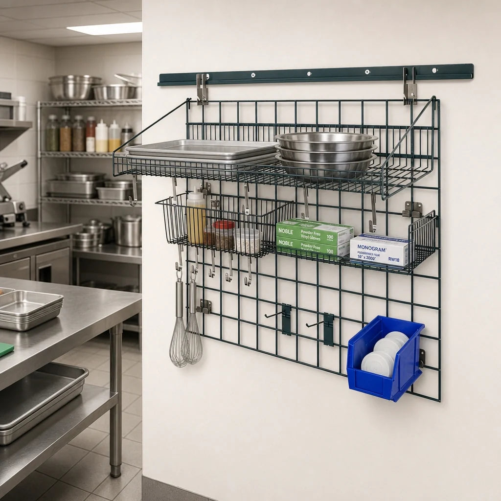 Quantum Store Grid SGK-403036-2PCL Wall-Mounted Standard-Duty Shelving Starter Kit with Shelf, Basket, Bin Holder and Clear Bin