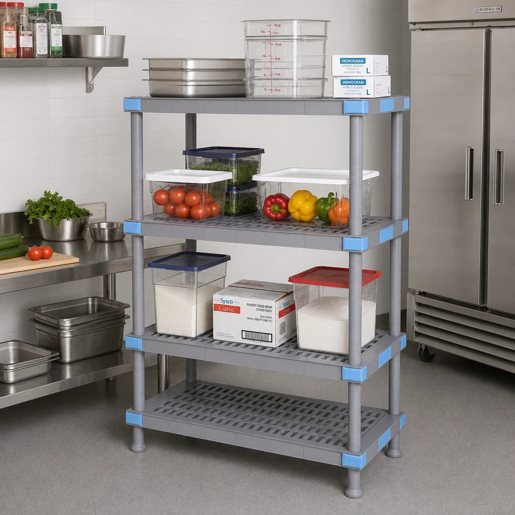 Quantum QP215450VS-4 4-Shelf Polymer Shelving Unit with Dunnage Stand, 54W x 21D x 50H, Gray, 2,000 lb. Capacity