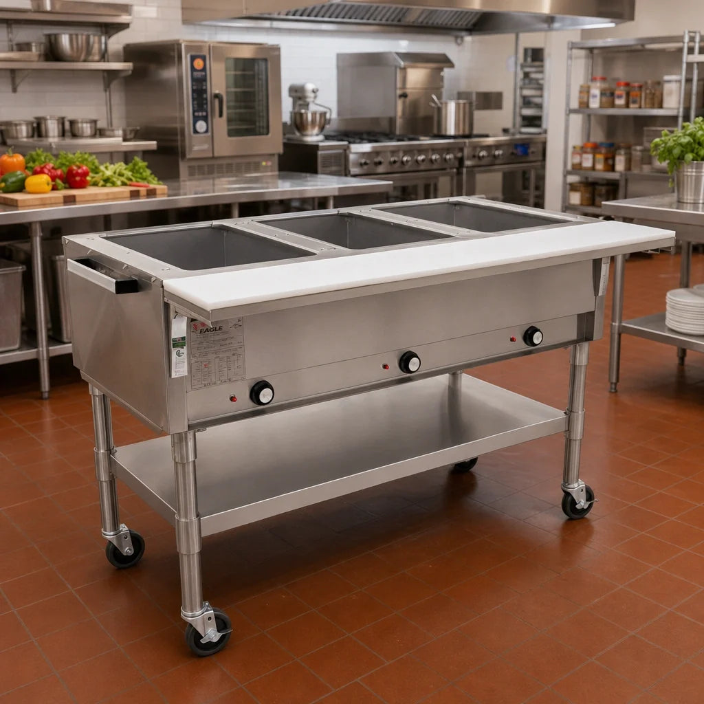 Eagle Group SPDHT4-240 66-Inch Mobile Electric Hot Food Table, 4 Dry Wells, Cutting Board, Open Shelf Base, 240V