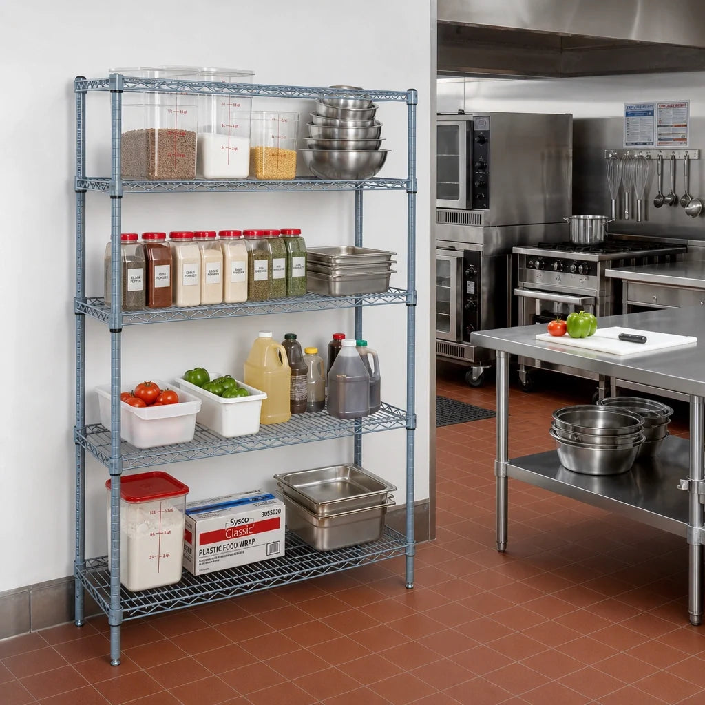 Quantum WR86-1842GY Wire Shelving Starter Kit, 42W x 18D x 86H, 4 Shelves, Gray Epoxy, Stationary