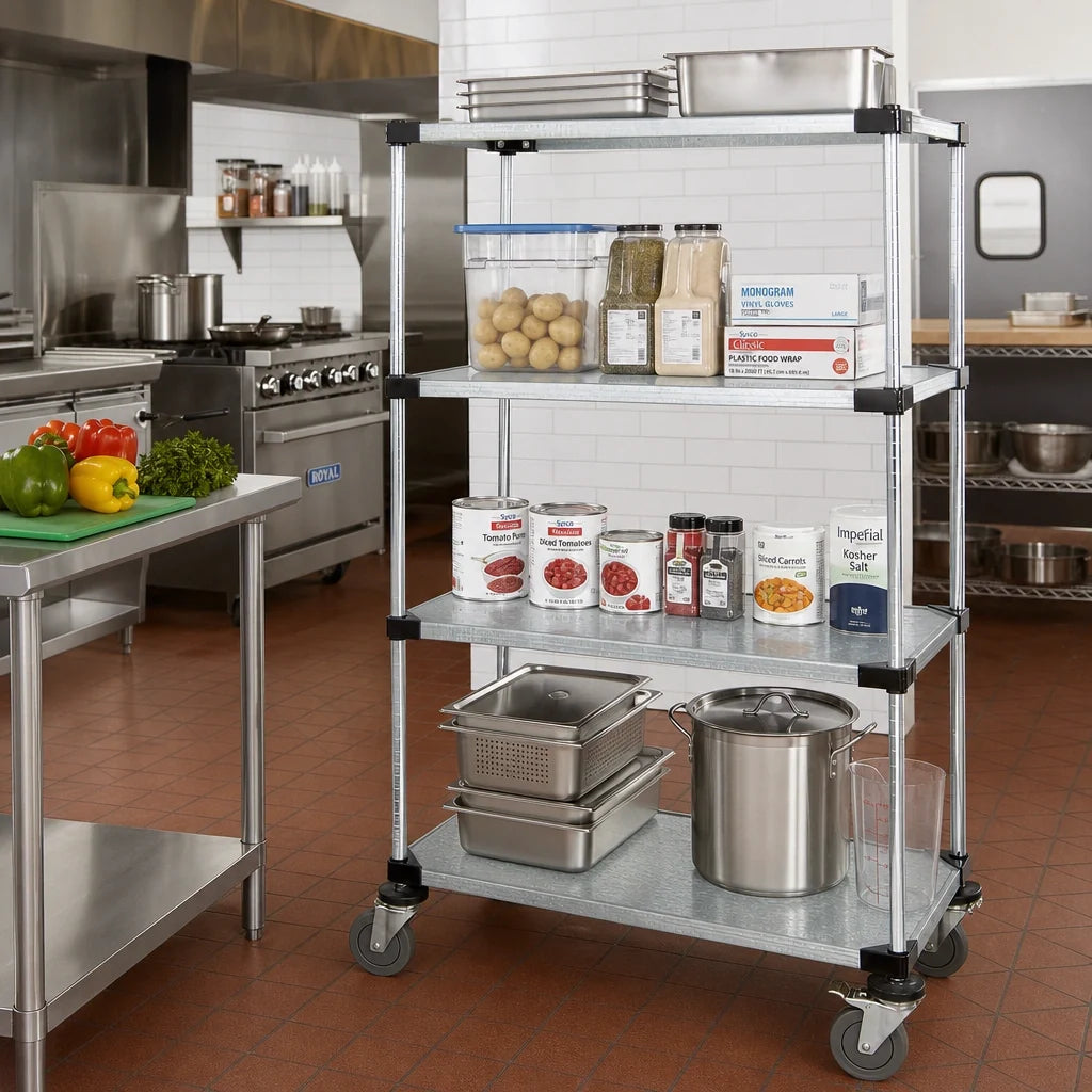 Quantum M1860SG46 Mobile Shelving Cart, 4 Solid Galvanized Steel Shelves, 60 x 18 x 69 Inches, Chrome Posts and Casters