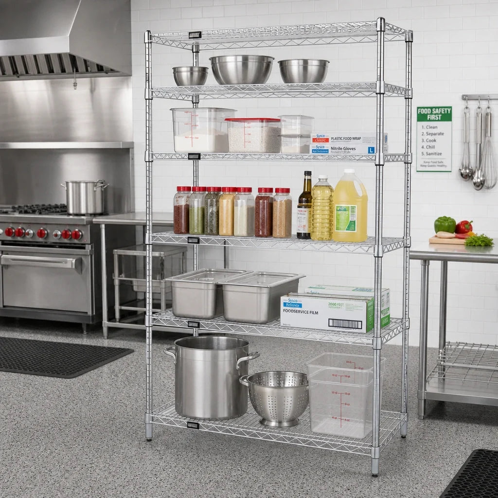 Quantum WR74-1236C-5 36"W x 12"D x 74"H Chrome Wire Shelving Starter Kit, 5 Shelves, 4 Posts, Stationary