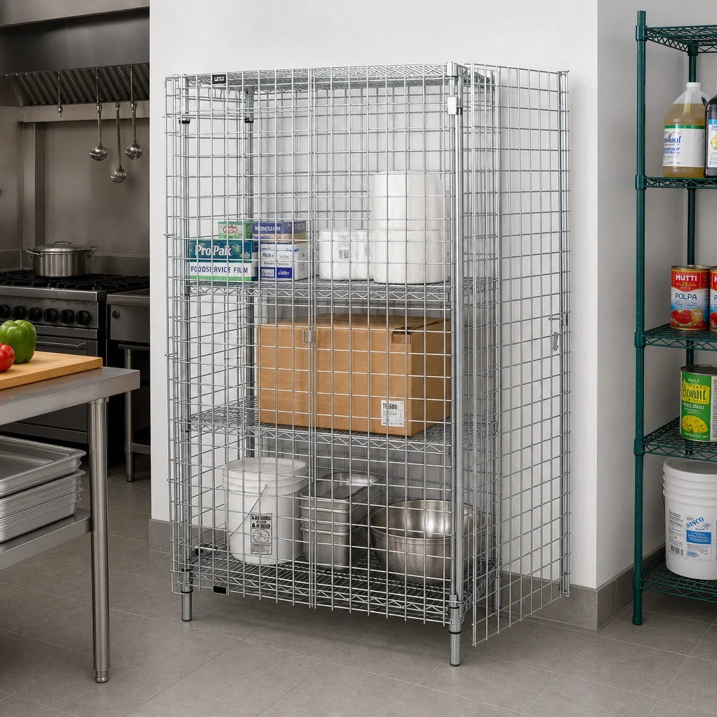 Quantum 2136-63SEC Stationary Chrome-Plated Wire Security Cage with Locking Doors, 36"W x 21"D x 63"H