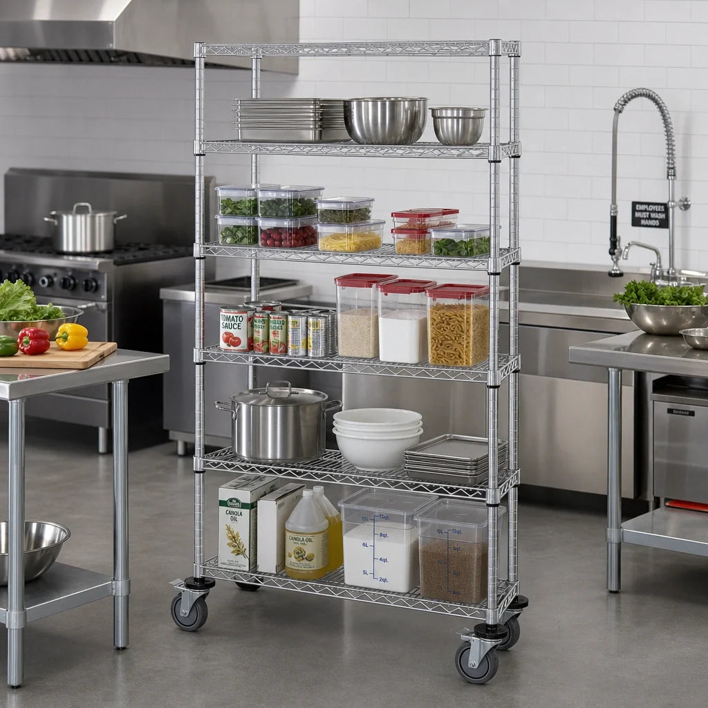 Quantum M1836C47-5 36 x 18 x 80-Inch Mobile Wire Shelving Cart with 5 Shelves, Chrome Finish