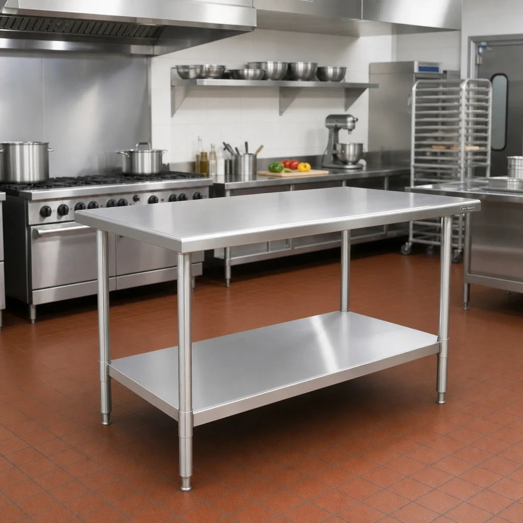 Eagle Group Spec-Master T4884SE Stainless Steel Work Table, 84"W x 48"D, Open Base with Adjustable Undershelf, Rolled Front and Back Edges
