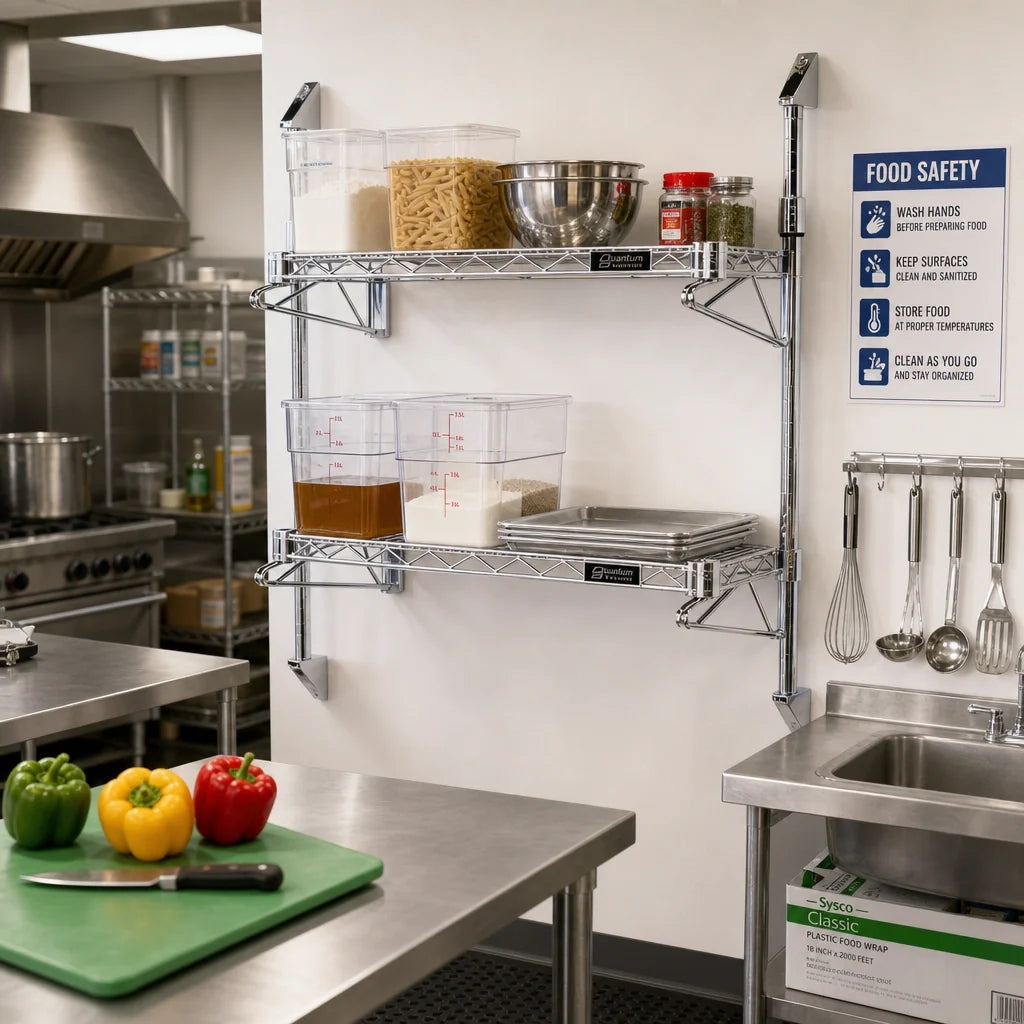 Quantum WC34-CB1224C Wall-Mount Cantilever Wire Shelving Unit with 2 Chrome-Plated 24 x 12 in Shelves