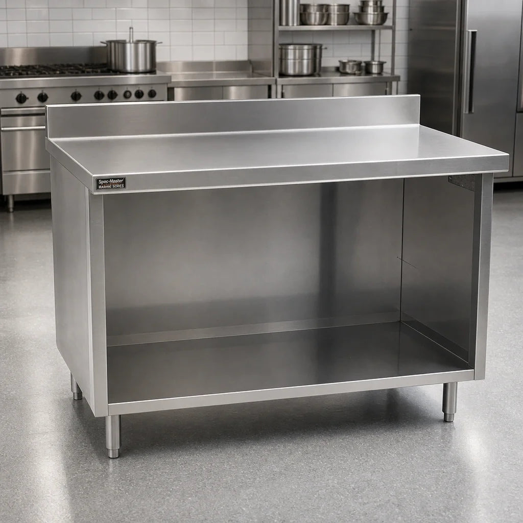 Eagle Group Spec-Master OB24120SEM-BS 120-Inch Stainless Steel Work Table with Open-Front Cabinet Base, 4-1/2-Inch Backsplash and Marine Edge