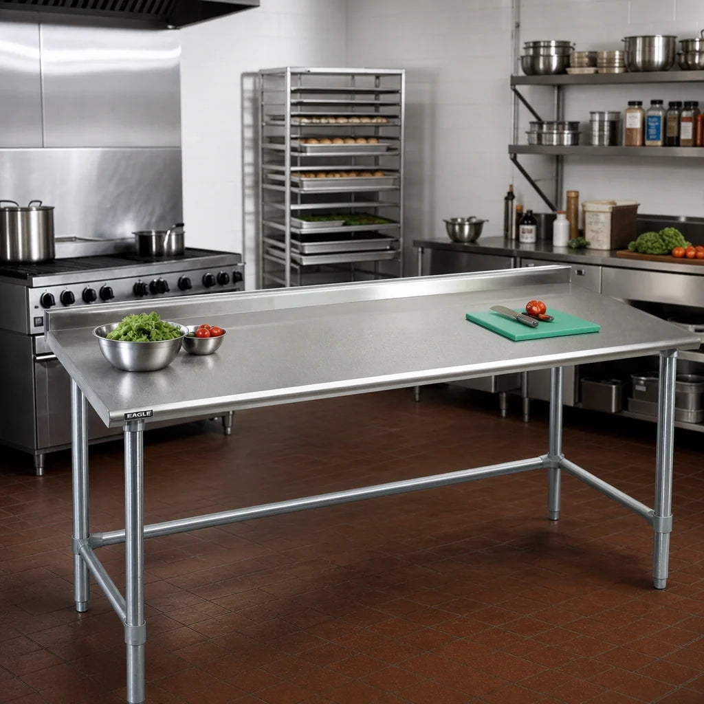 Eagle Group Spec-Master UT36108GTE 108 x 36 Stainless Steel Work Table, 14-Gauge 300 Series Top, 1-1/2" Rear Upturn, Galvanized Base