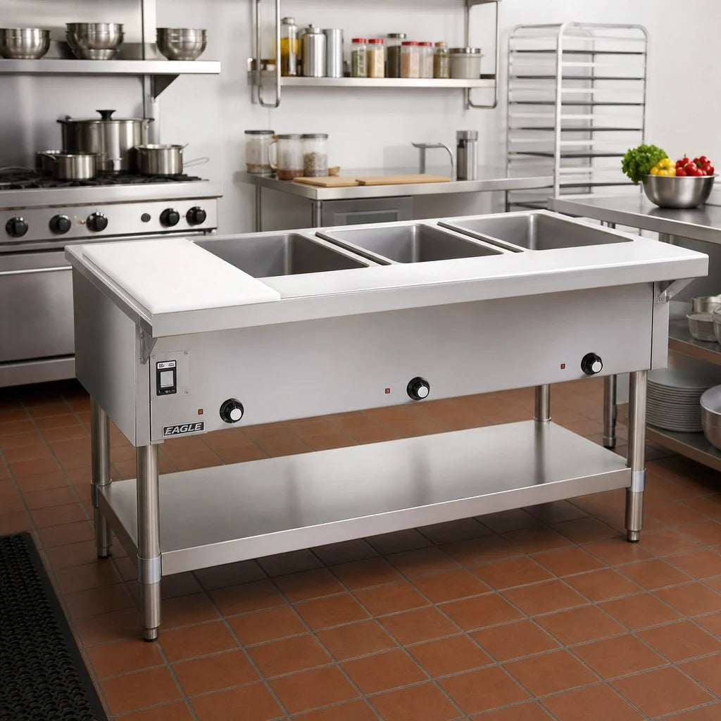 Eagle Group SHT3-NG 48-Inch Natural Gas Hot Food Table with 3 Dry Wells, Open Base, and Cutting Board