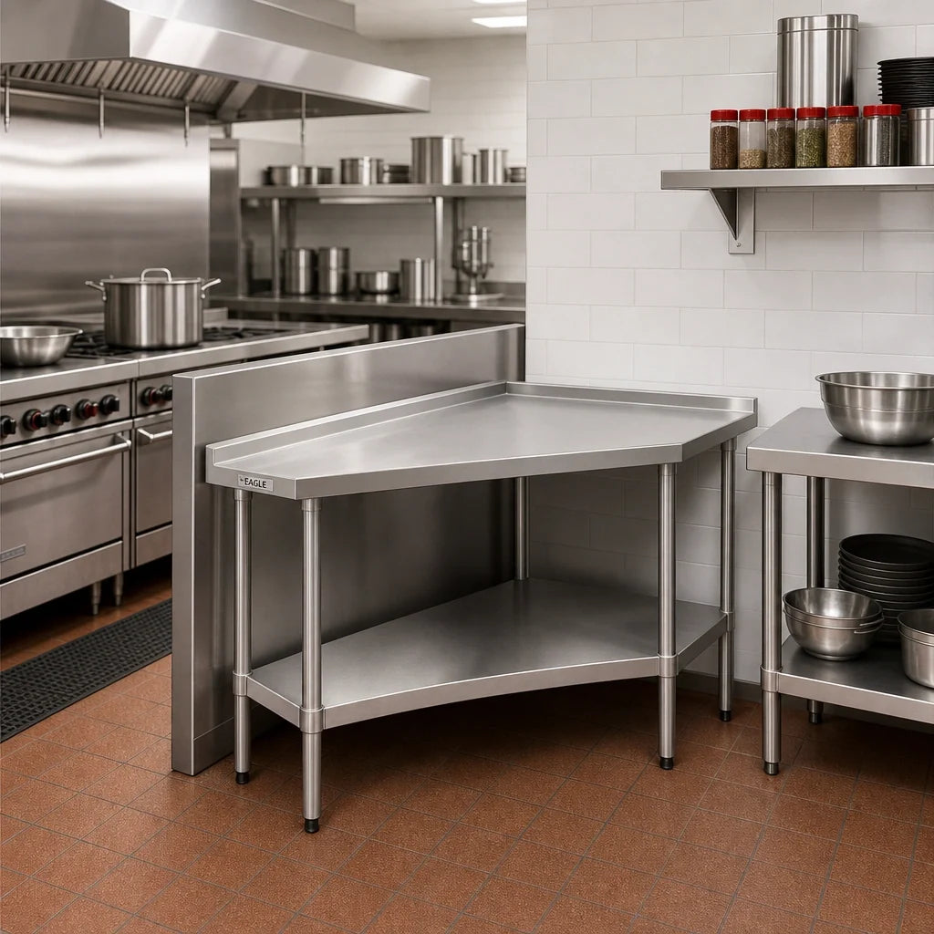 Eagle Group Spec-Master UT3030SE 30 x 30 Inch Stainless Steel Corner Work Table, 14-Gauge 300 Series Top, Adjustable Undershelf, Rear Up-Turn