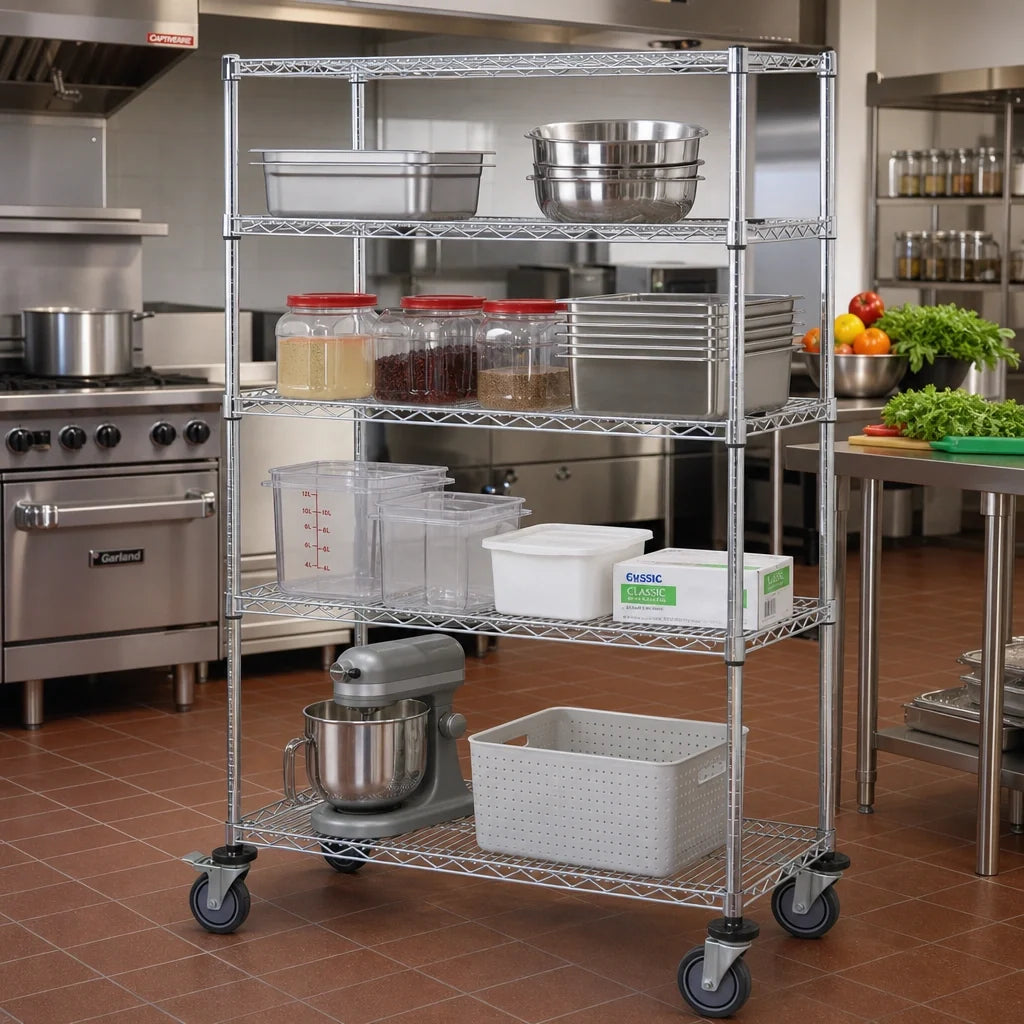 Quantum M2460C46 60"W x 24"D x 69"H Chrome Mobile Wire Shelving Cart with 4 Shelves and 5" Casters