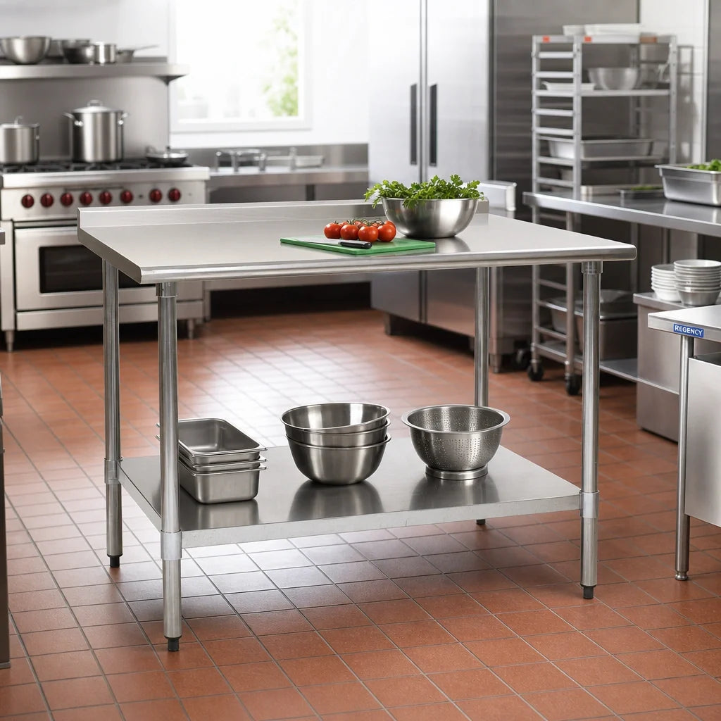 Eagle Group Deluxe UT3648EB 48 x 36 Inch Stainless Steel Work Table, 16-Gauge 300 Series Top, Rear Upturn, Adjustable Galvanized Undershelf