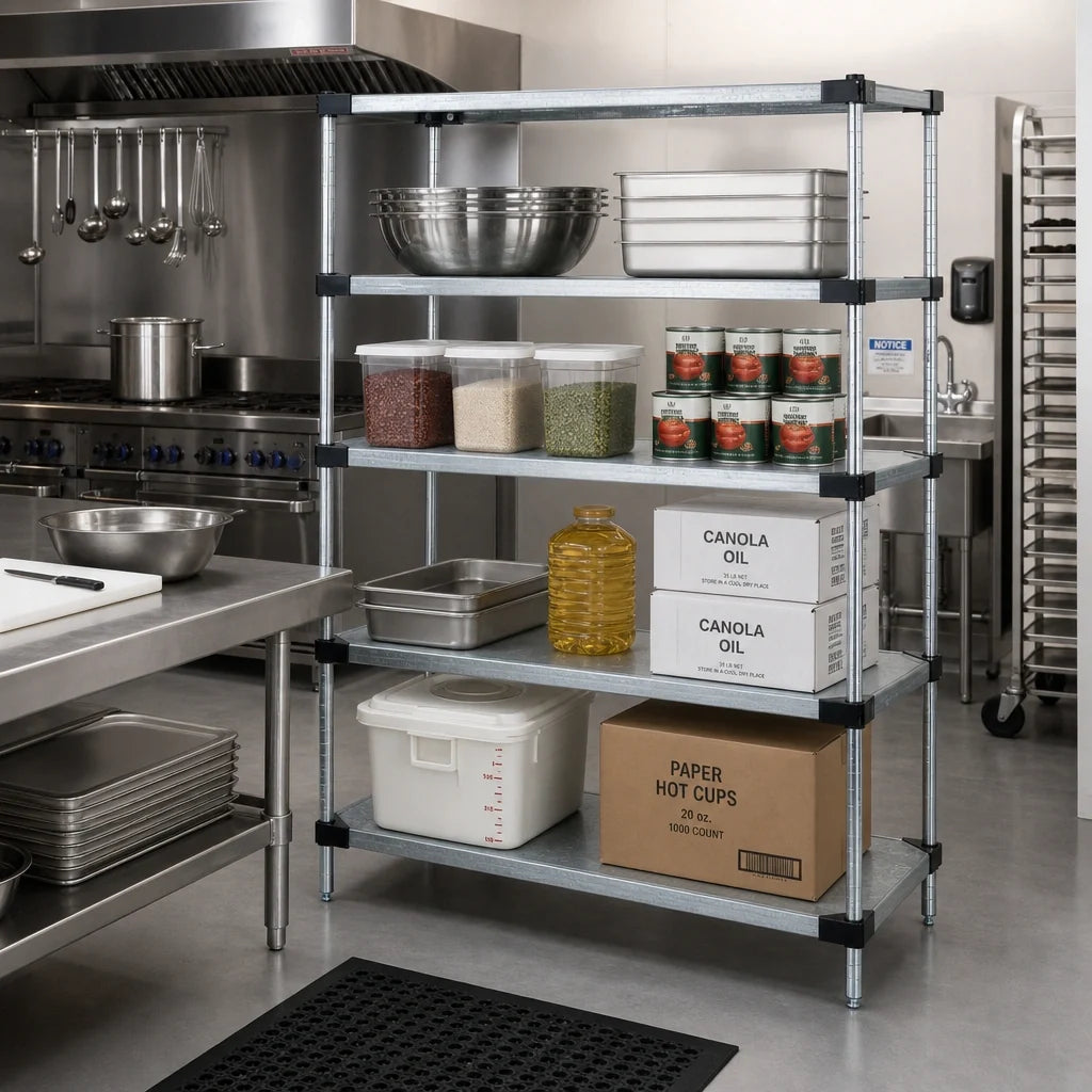 Quantum WR74-1872SG Stationary Solid Shelving Starter Unit, 72"W x 18"D x 74"H, 4 Shelves, Galvanized Steel, Chrome Posts