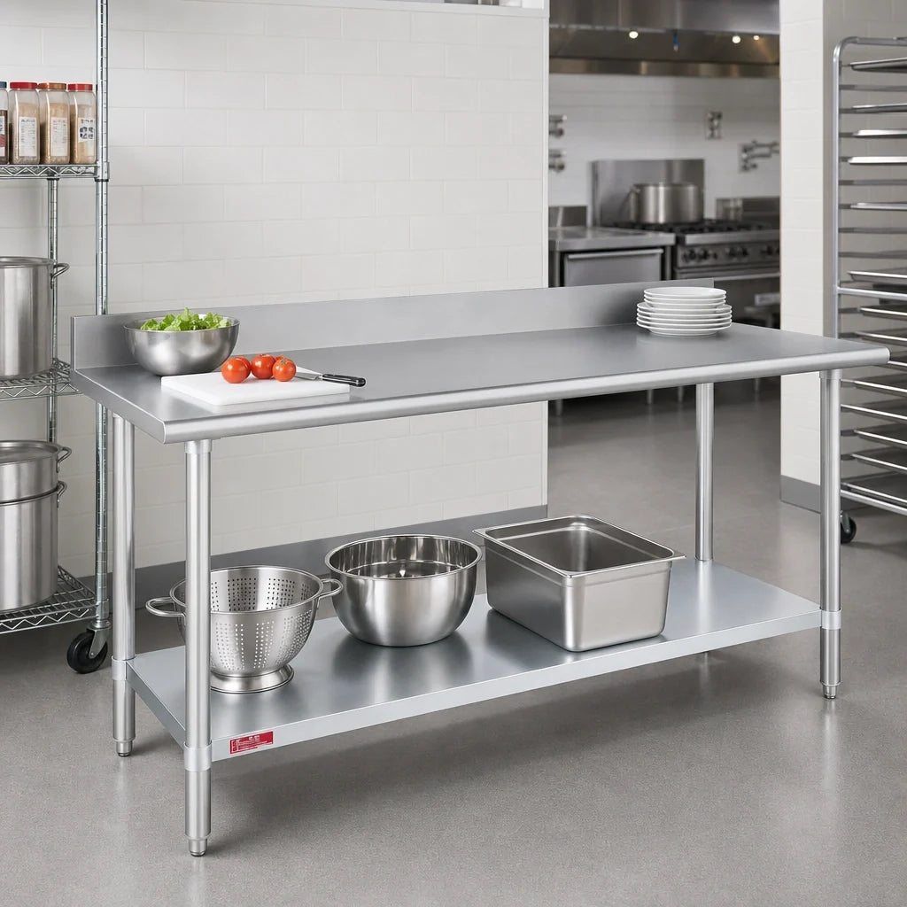 Duke Manufacturing 314-24108-5R 108-Inch Stainless Steel Work Table with 5-Inch Riser and Galvanized Undershelf