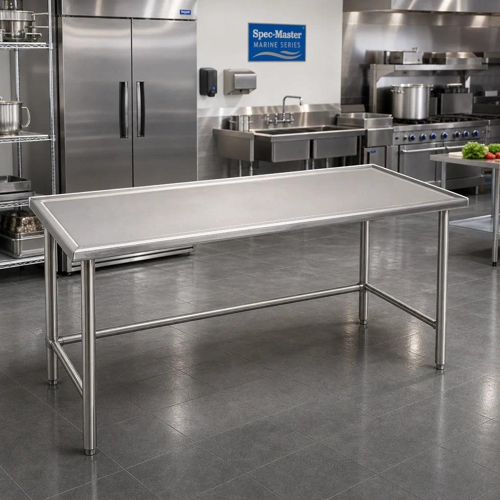 Eagle Group Spec-Master T48144GTEM 144"W x 48"D Stainless Steel Work Table, 14 Gauge, Box Marine Edge, Galvanized Open Base