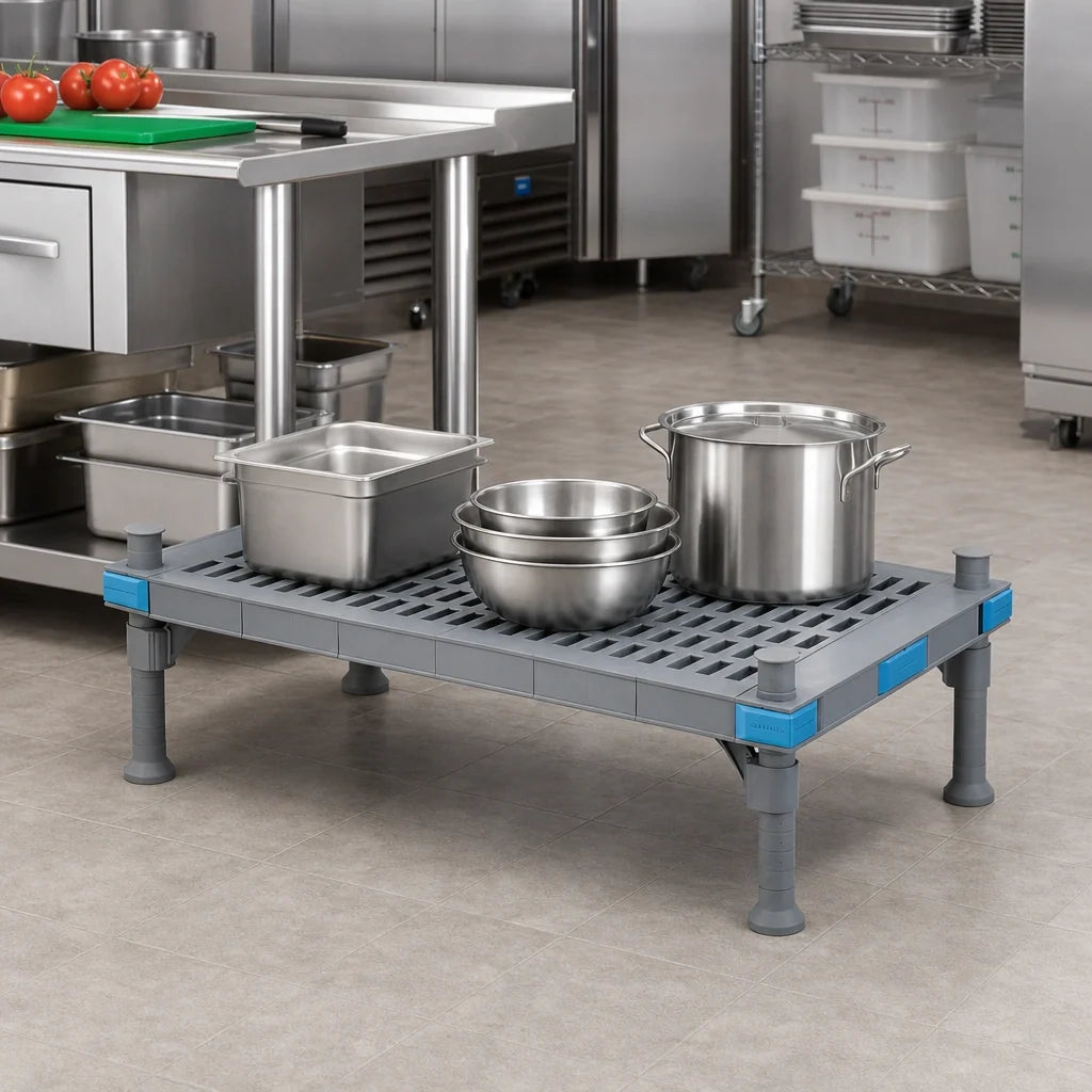 Quantum Millenia QP246014VP Vented-Top Polymer Dunnage Rack with Shelf, Gray, 60 x 24 x 14 Inches