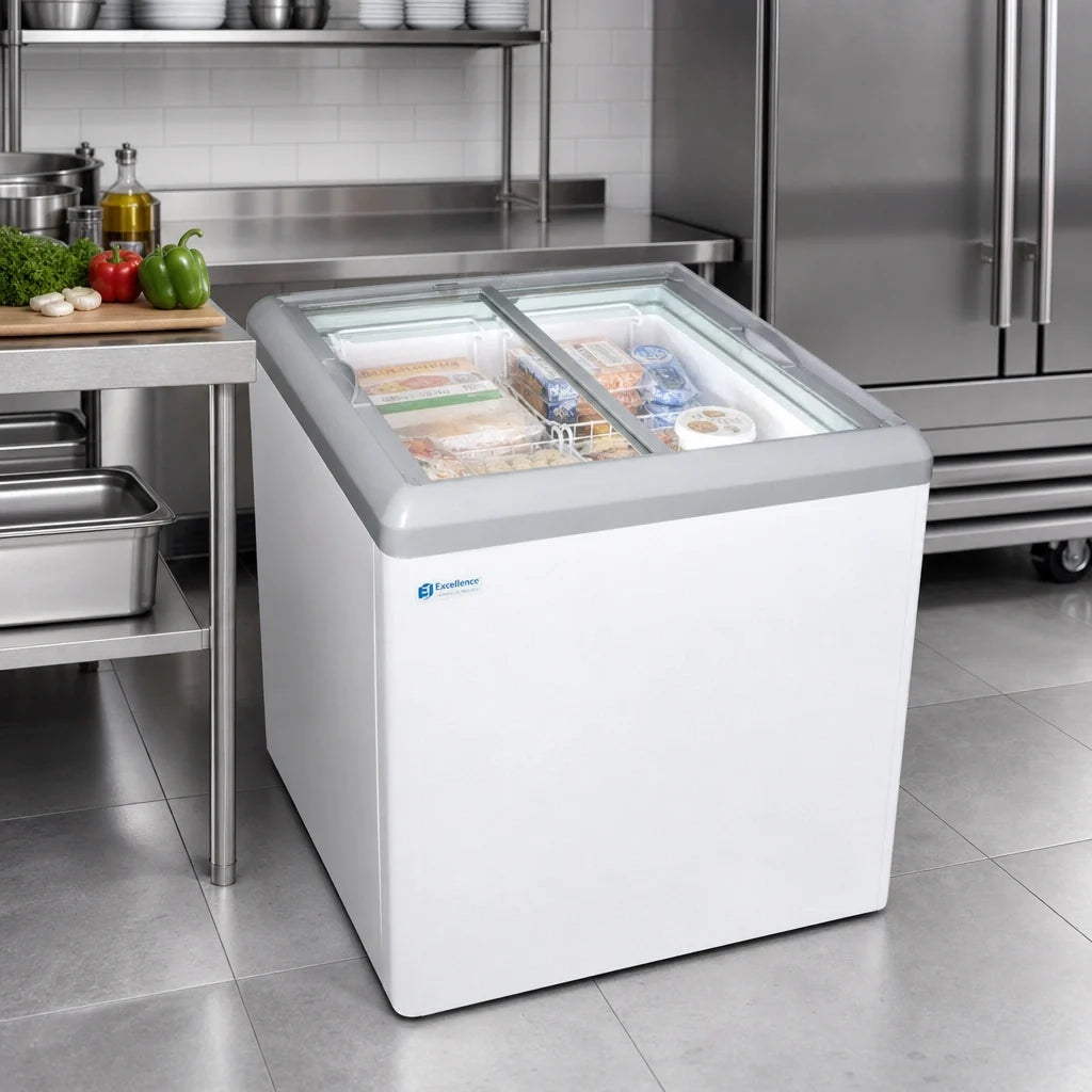 Excellence Commercial Products HB-7HCD Dual-Temperature Chest Refrigerator/Freezer, 7.4 Cu. Ft., 2 Sliding Glass Doors, White