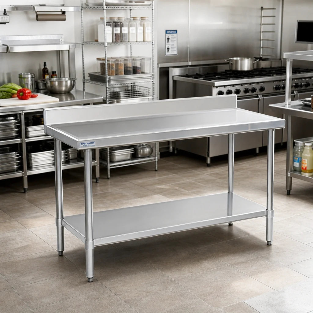 Eagle Group Spec-Master T24108EM-BS 108-Inch x 24-Inch 14-Gauge Stainless Steel Work Table with 4-1/2-Inch Backsplash and Adjustable Undershelf