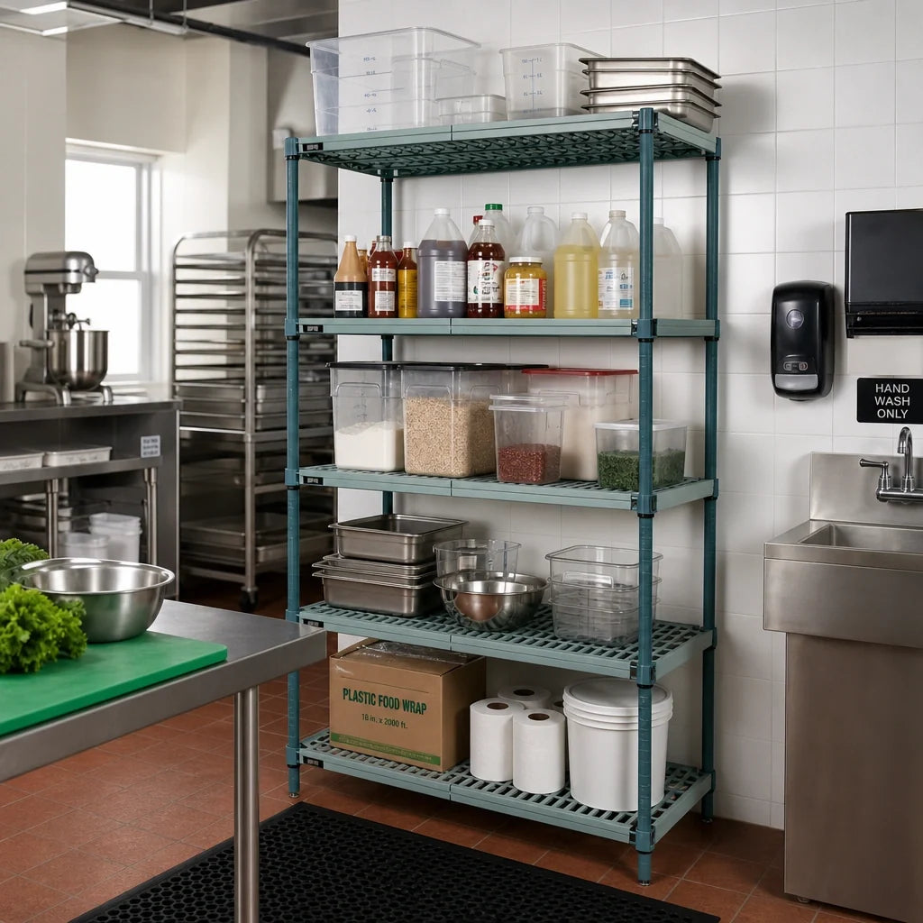 Quantum WR63-1836WPM-5 Stationary Wire Plastic Mat Shelving Unit, 5-Tier, 36"W x 18"D x 63"H, Green Epoxy Coated