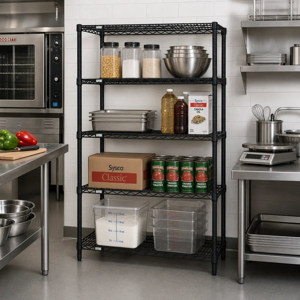 Quantum WR54-2130BK 30"W x 21"D x 54"H Black Epoxy 4-Shelf Stationary Wire Shelving Starter Kit