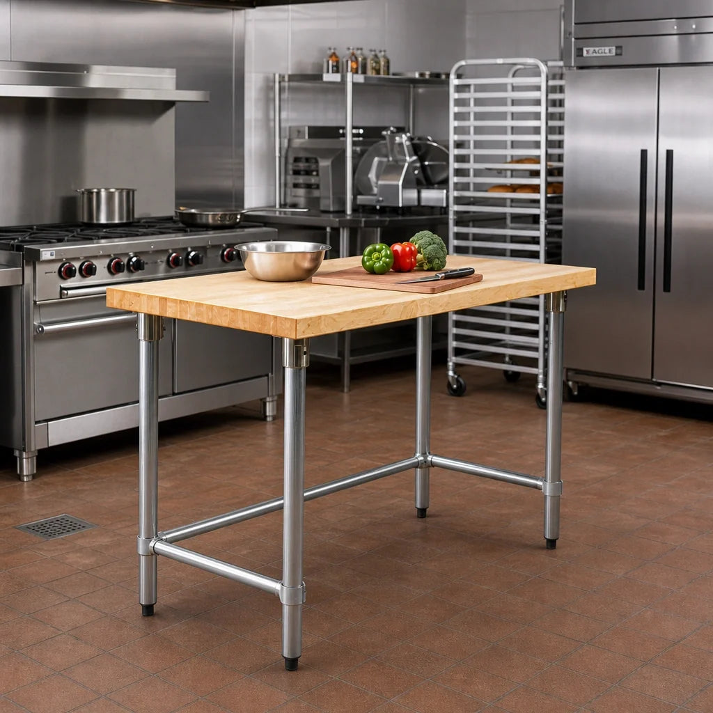 Eagle Group MT2448GT 48 x 24 Inch Wood Top Work Table, 1-3/4 Inch Hardwood Top, Galvanized Open Base, No Backsplash