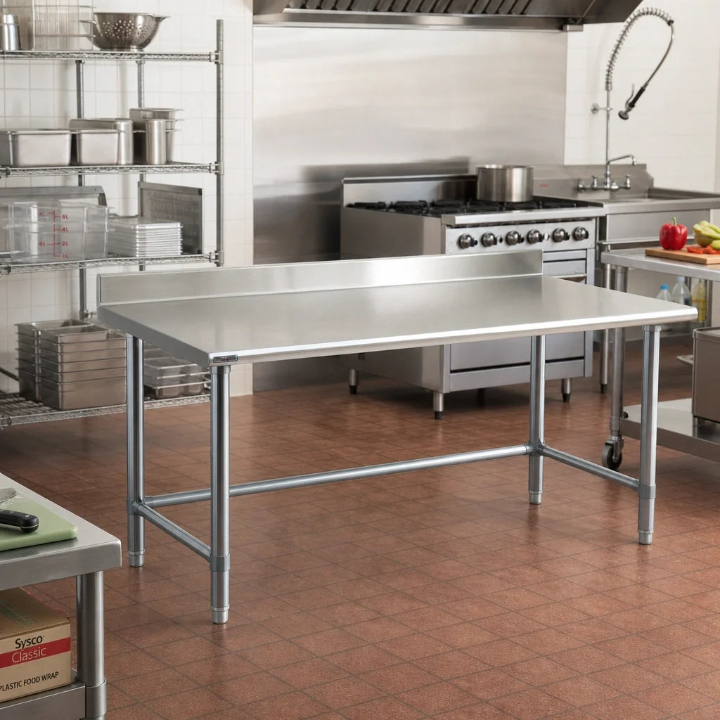 Eagle Group Budget Series T3660GTB-BS 60 x 36 Inch 430 Stainless Steel Work Table with 4-1/2-Inch Backsplash, Rolled Edge, Open Galvanized Base