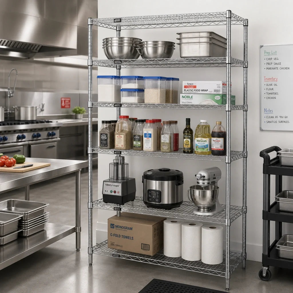Quantum WR86-3048C-5 Stationary Wire Shelving Starter Kit, 48"W x 30"D x 86"H, 5 Shelves, Chrome Finish