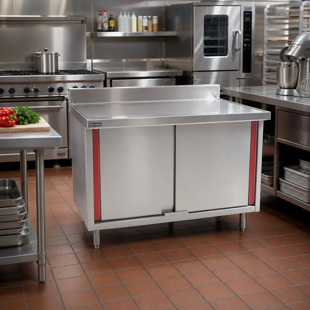 Eagle Group Spec-Master CBH2448SEM-BS 48 x 24 Inch Stainless Steel Enclosed Work Table with Cabinet Base, Hinged Doors & Marine Edge