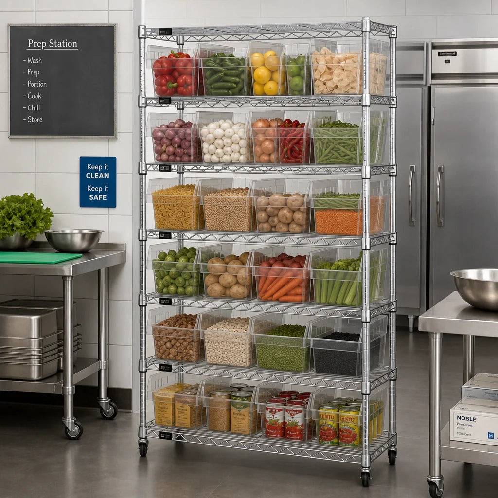 Quantum WR8-808CL Chrome Stationary Bin Wire Shelving System, 36"W x 18"D x 74"H, 8 Shelves, 28 Clear Bins
