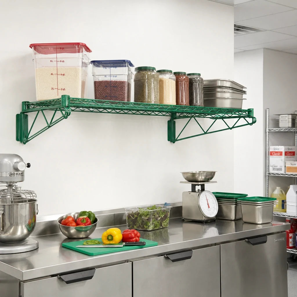 Quantum WDWB1854P Wall-Mount Cantilever Wire Shelf Kit, Single Shelf, 54 x 18 Inches, Green Epoxy Antimicrobial Finish