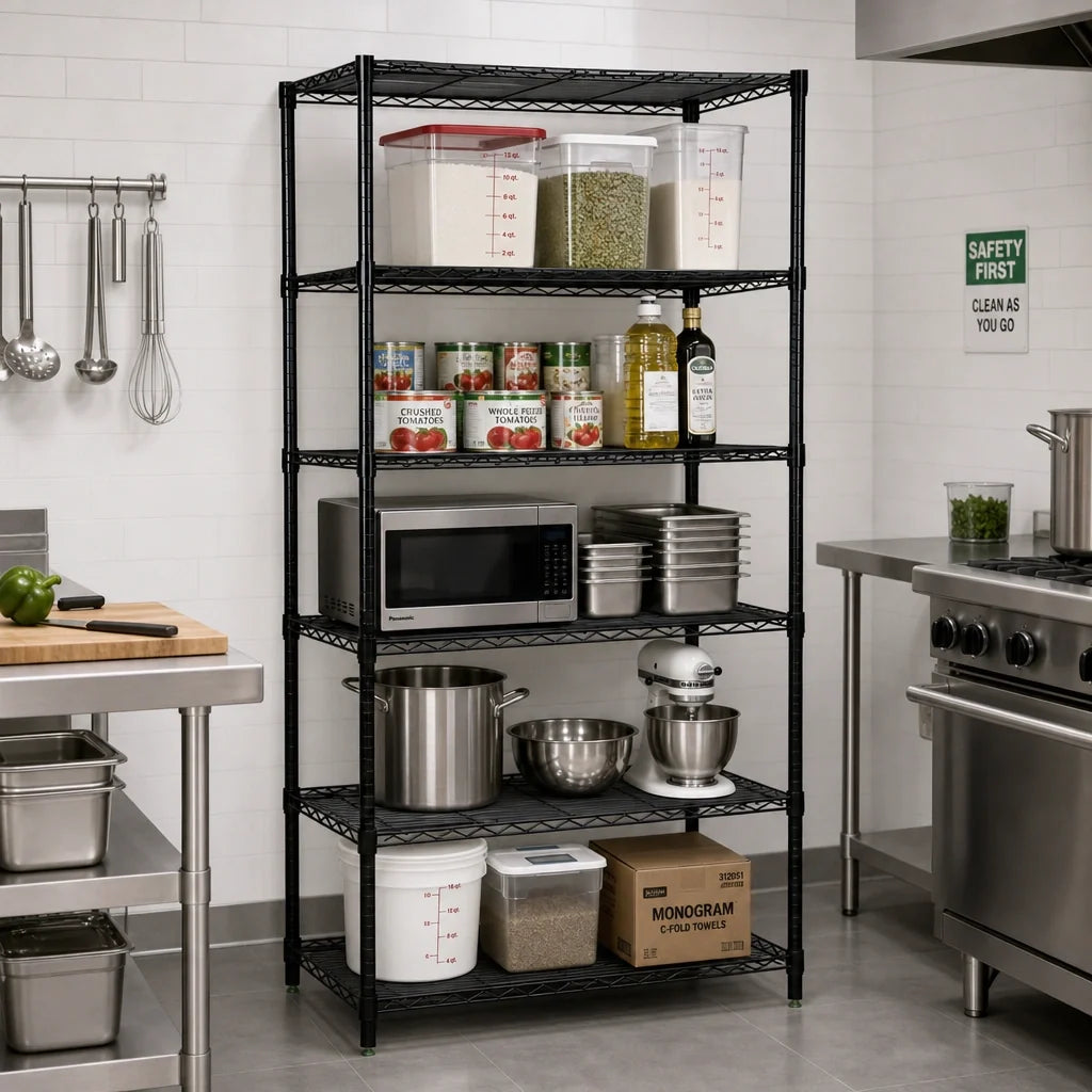 Quantum WR63-1460BK-5 Wire Shelving Starter Unit, 60"W x 14"D x 63"H, 5 Shelves, Black Epoxy Finish