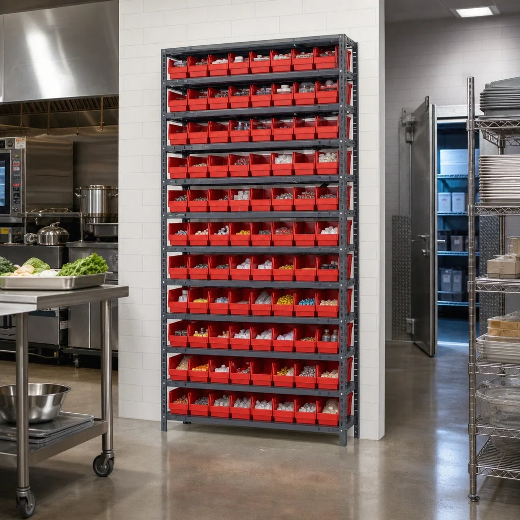Quantum 1275-101 Heavy-Duty Stationary Wire Shelving Unit, 13 Shelves, 96 Bins, 36"W x 12"D x 75"H