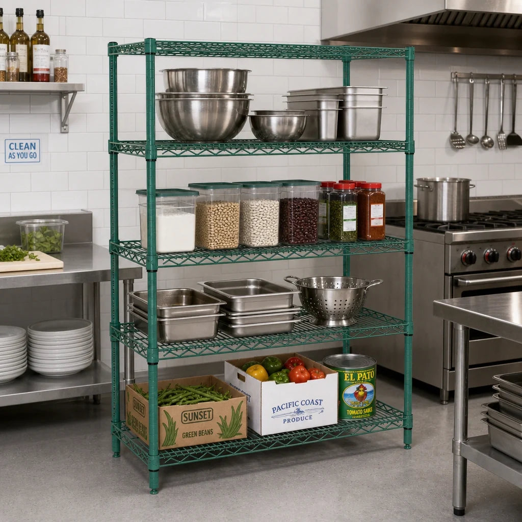 Quantum WR54-2454P 4-Shelf Wire Shelving Starter Kit, 54"W x 24"D x 54"H, Green Epoxy Finish