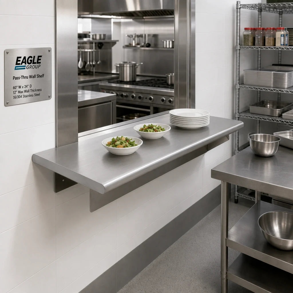 Eagle Group PTS-2460 Pass-Thru Wall Shelf, 60"W x 24"D, 12" Max Wall Thickness, 304 Stainless Steel