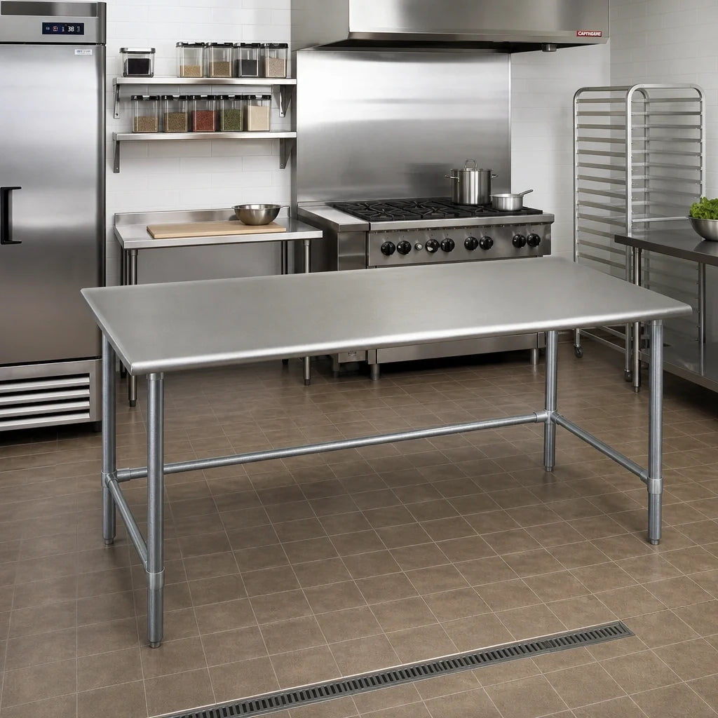 Eagle Group Spec-Master T3660GTE 60 x 36 in Flat-Top Work Table, 14-Gauge 304 Stainless Steel Top, Open Galvanized Base