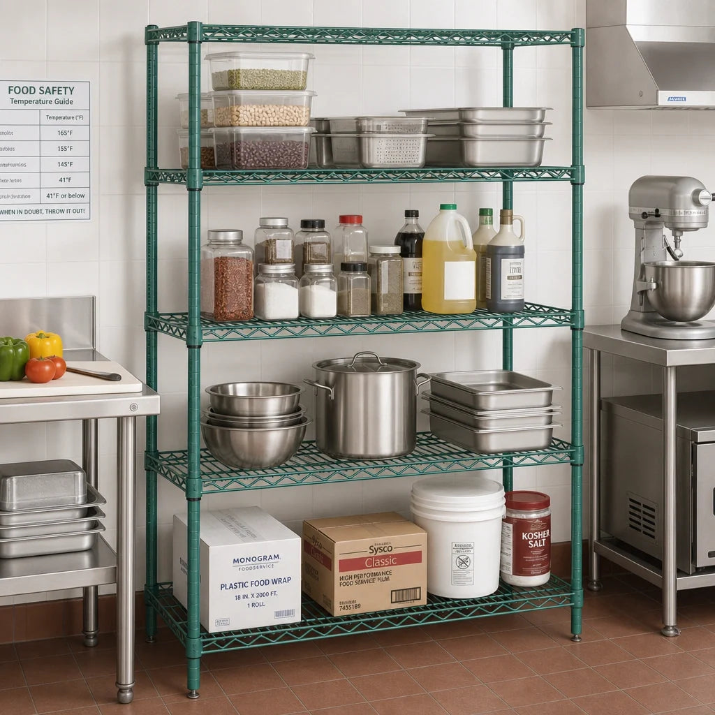 Quantum WR86-2442P 4-Shelf Stationary Wire Shelving Starter Kit, 42"W x 24"D x 86"H, Green Epoxy Finish