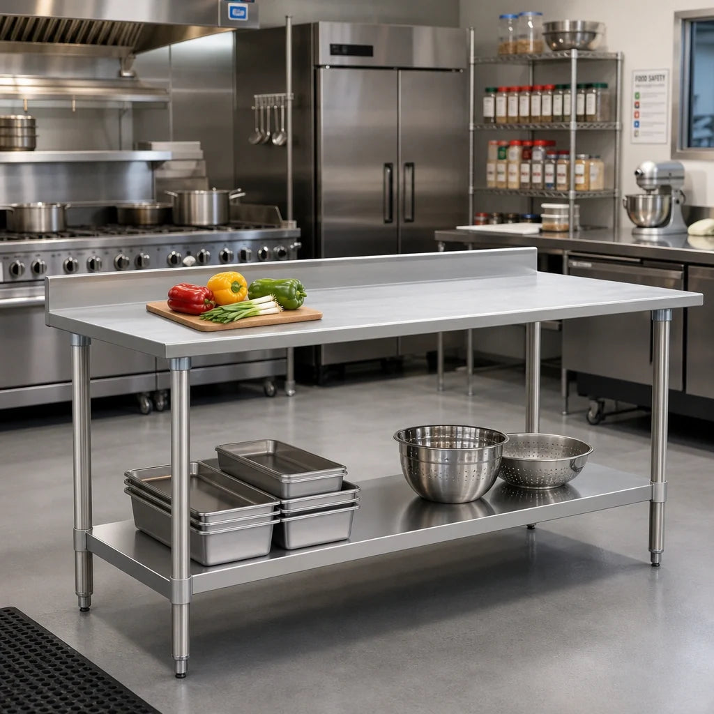 Eagle Group Spec-Master UT3672SE 72 x 36-Inch Stainless Steel Work Table, 14-Gauge 300 Series Top, Rear Up-Turn, Adjustable Undershelf