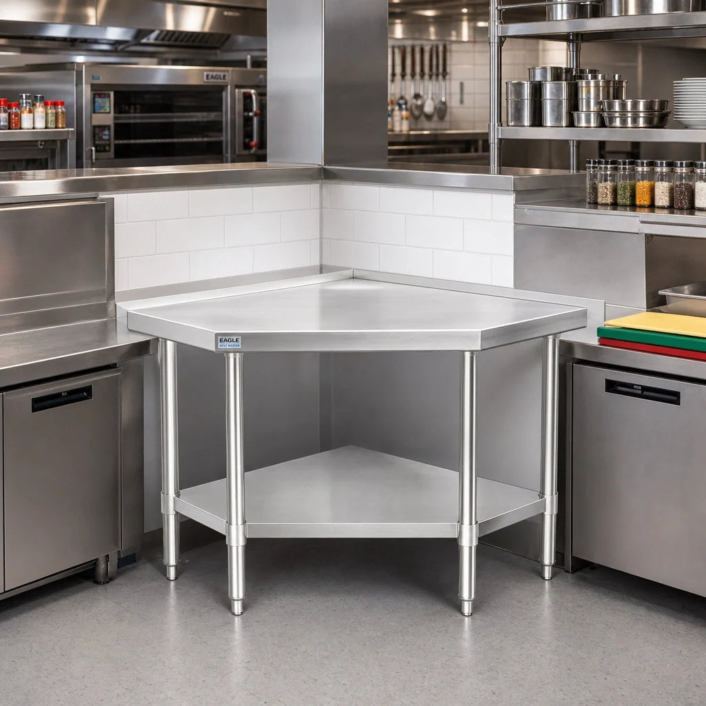 Eagle Group Spec-Master T3030SEM Stainless Steel Corner Work Table, 30 x 30 Inch, 14-Gauge 300 Series Top, Adjustable Undershelf
