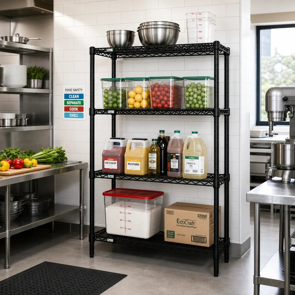 Quantum WR54-2442BK 42"W x 24"D x 54"H Stationary Wire Shelving Starter Unit, 4 Shelves, Black Epoxy Finish