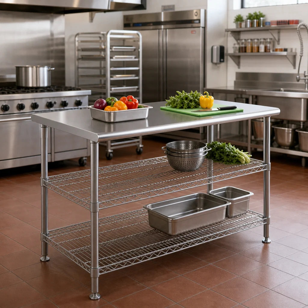 Eagle Group AdjusTable T2448EW 48 x 24 Inch 14-Gauge 304 Stainless Steel Work Table with 2 Adjustable Wire Undershelves