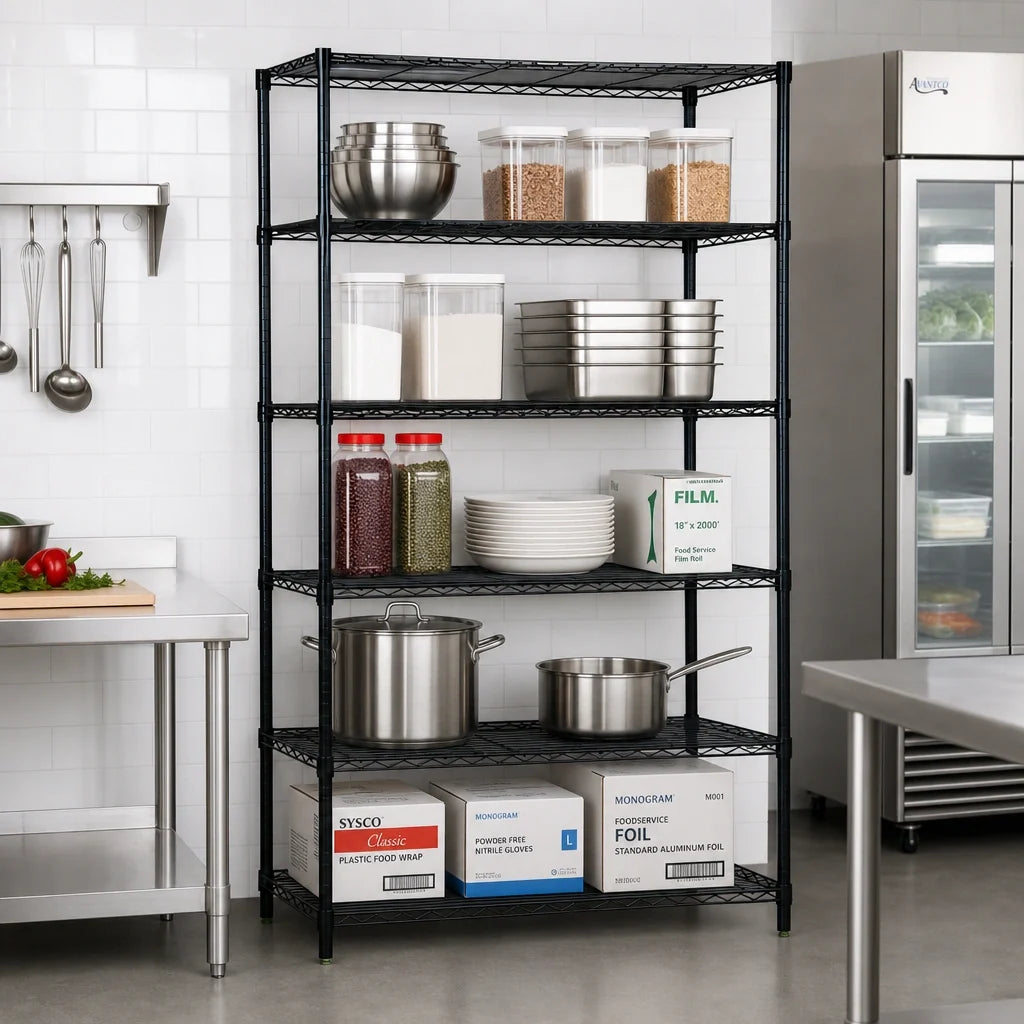 Quantum WR54-1460BK-5 5-Shelf Stationary Wire Shelving Starter Unit, 60W x 14D x 54H, Black Epoxy Antimicrobial Finish