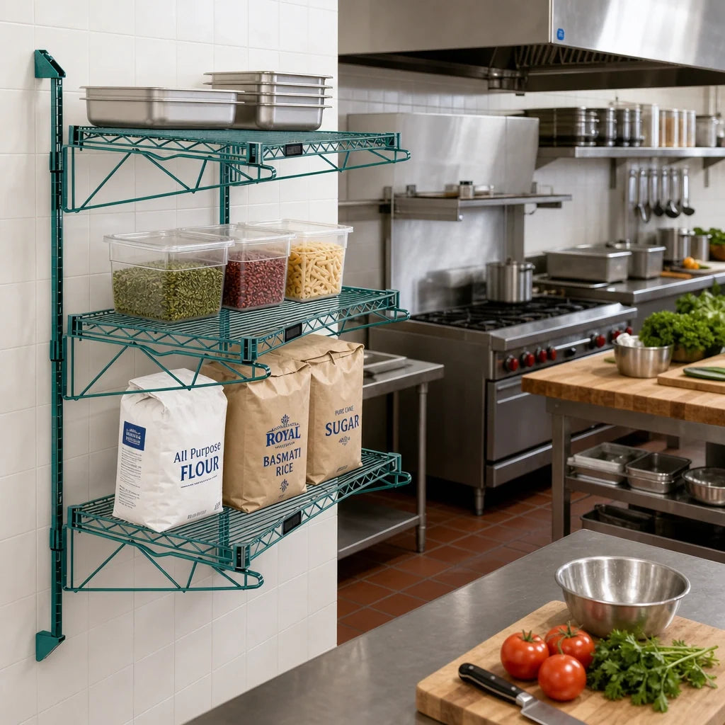 Quantum WC54-CB1430P Wall-Mounted Cantilever Starter Shelving Unit with 3 Wire Shelves, 54-Inch Posts and Green Epoxy Antimicrobial Finish