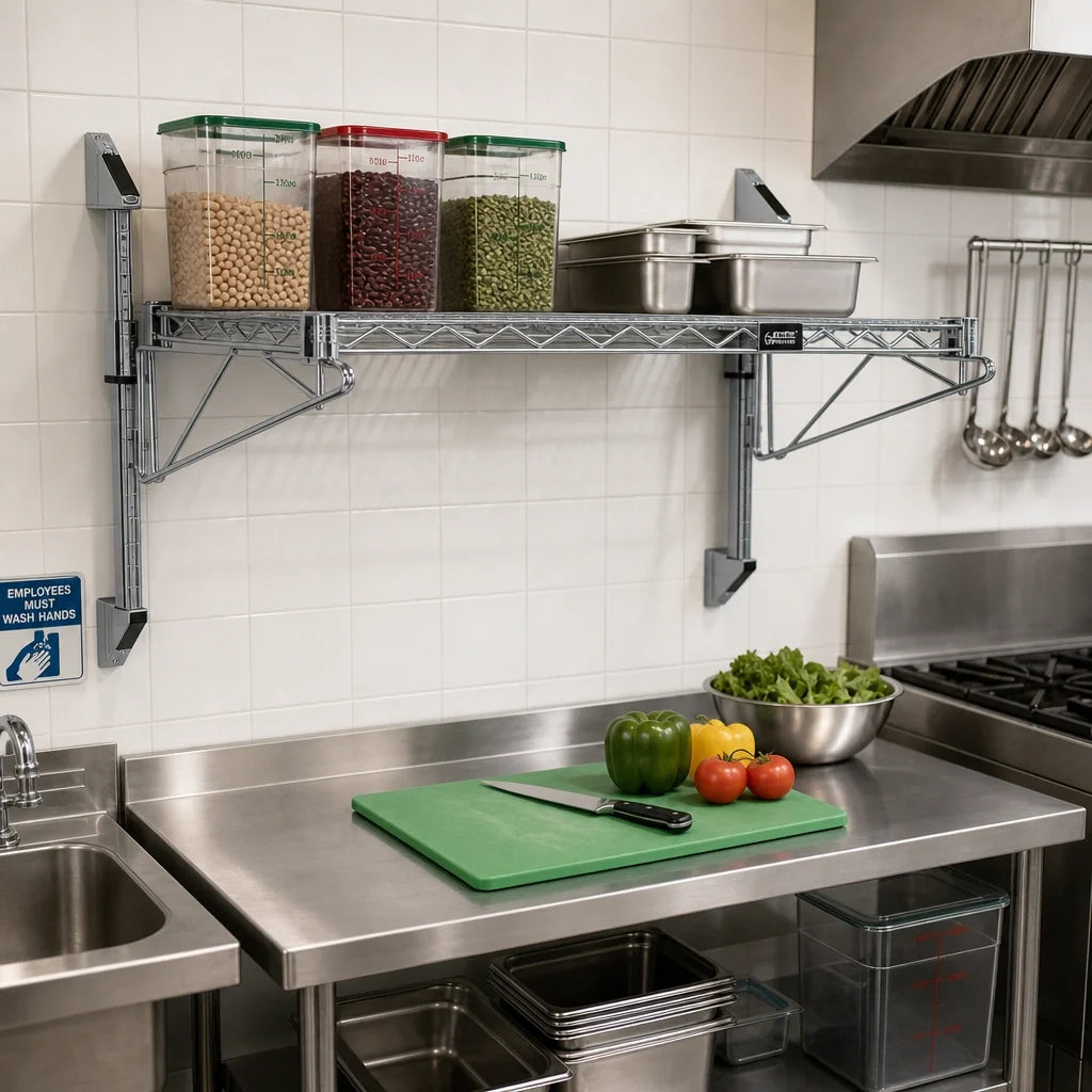 Quantum WC14-CB2448GY Wall-Mounted Cantilever Wire Shelf, Single Tier, 48"W x 24"D, 14"H, Gray Epoxy Finish