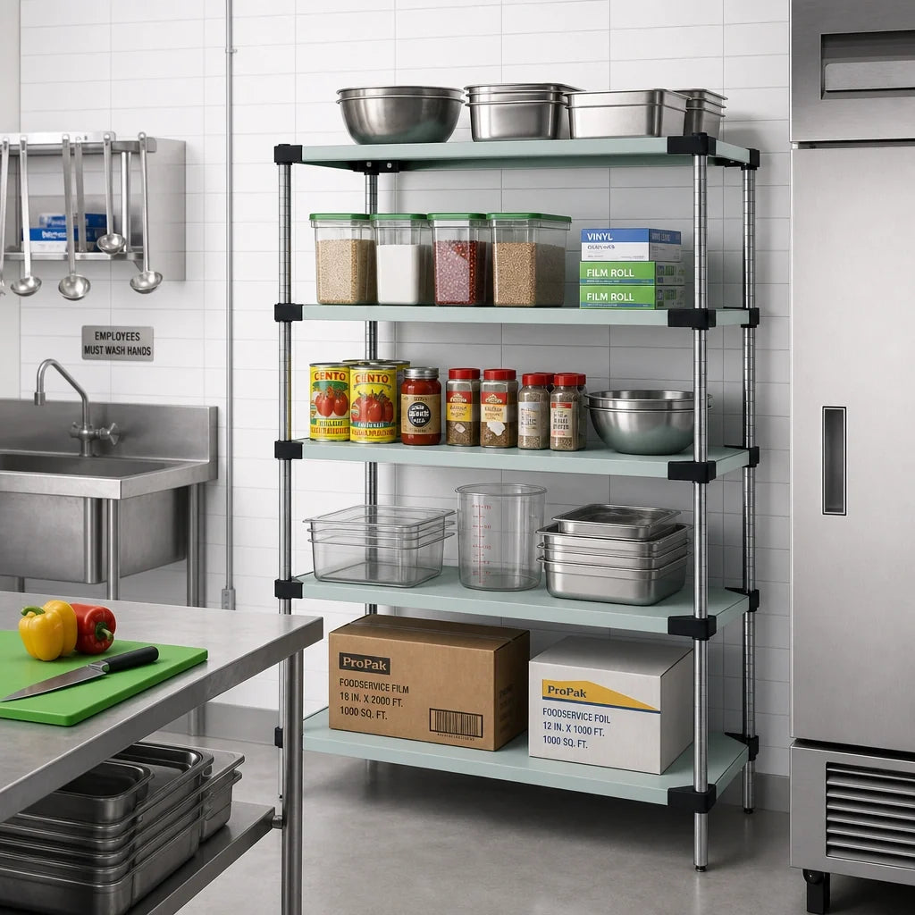 Quantum WRS5-74-1436SS 304 Stainless Steel Solid Shelving Starter Kit, 36"W x 14"D x 74"H, 5 Shelves