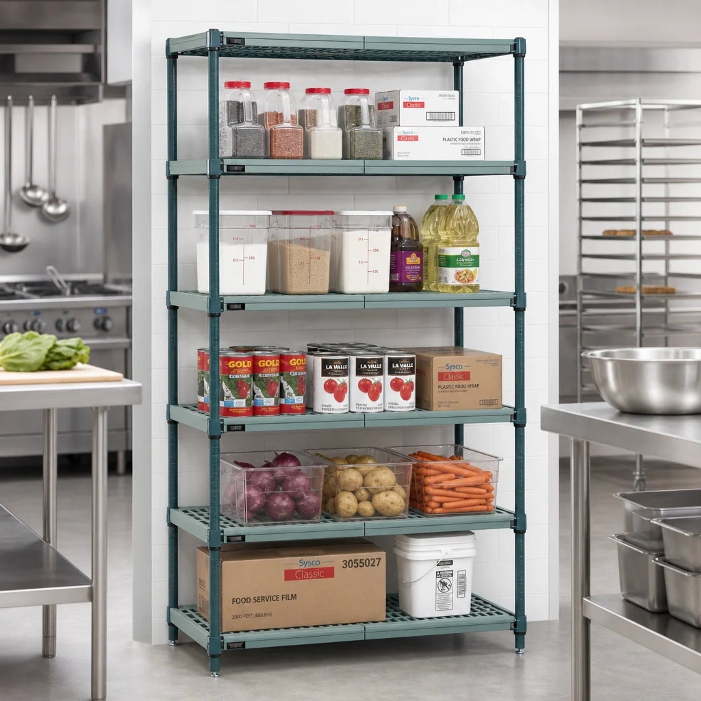 Quantum WR63-1448WPM-5 5-Tier Stationary Wire Plastic Mat Shelving Unit, 48W x 14D x 63H, Green Epoxy Coated