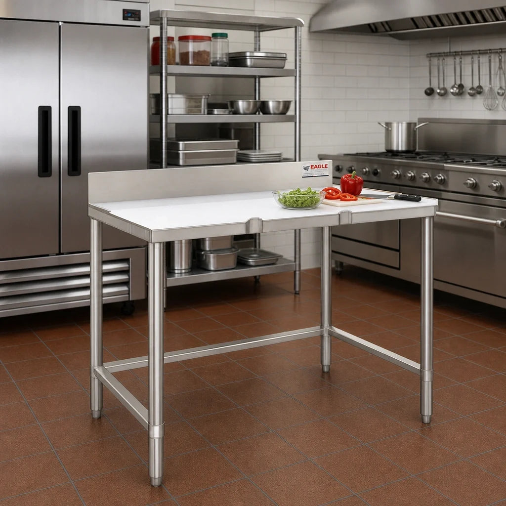 Eagle Group TB3072S Stainless Steel Poly Top Trimming Table, 72 x 30 Inches, 4-Inch Removable Backsplash, Open Base