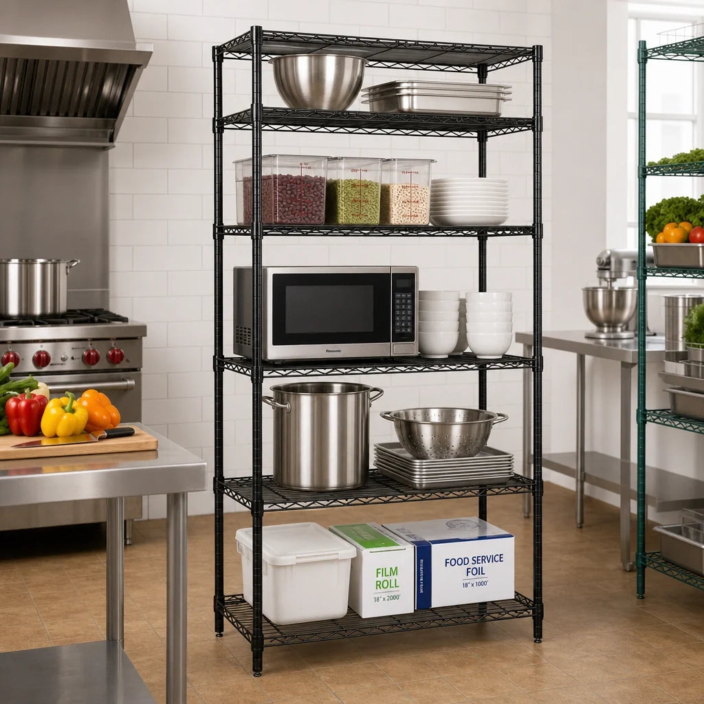 Quantum WR54-1430BK-5 Wire Shelving Starter Unit, 30"W x 14"D x 54"H, 5 Shelves, Black Epoxy Finish